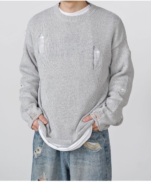 Theater code（シアターコード）の「▲damage design knit/ダメージ デザイン ニット（ニット/セーター・メンズ・ブラック/グレー・M/L/XL）」の15枚目の写真