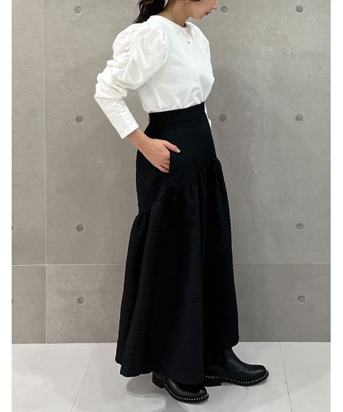 低身長サイズ有]ふくれジャガードギャザー切り替えフレア