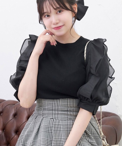 TITTY&CO.（ティティーアンドコー）の「【TITTY&CO.】異素材切替ニットトップス（ニット/セーター・レディース・ピンク/ブラック/ホワイト・FREE）」の3枚目の写真