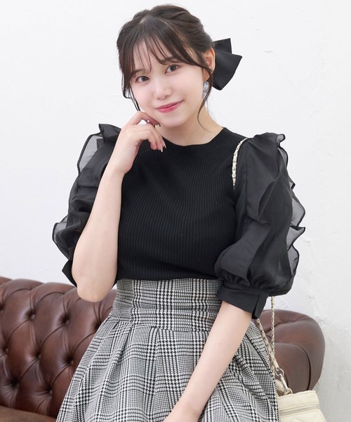 TITTY&CO.（ティティーアンドコー）の「【TITTY&CO.】異素材切替ニットトップス（ニット/セーター・レディース・ピンク/ブラック/ホワイト・FREE）」の4枚目の写真