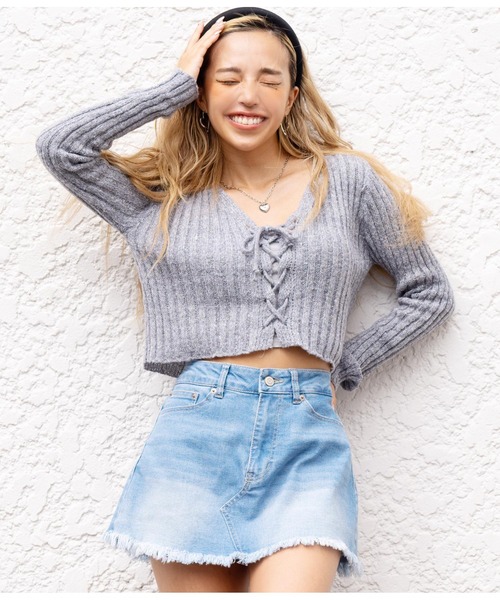 anap mimpi（アナップミンピ）の「MIXニットリブスピンドルショートトップス（ニット/セーター・レディース・イエロー/ライトグレー/ネイビー・FREE）」の6枚目の写真