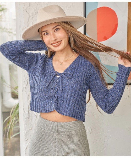 anap mimpi（アナップミンピ）の「MIXニットリブスピンドルショートトップス（ニット/セーター・レディース・イエロー/ライトグレー/ネイビー・FREE）」の11枚目の写真