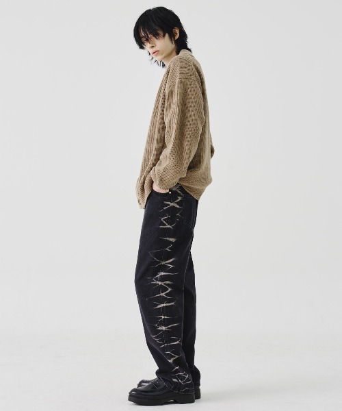 REON STUDIO（レオンスタジオ）の「【RE:ON STUDIO 】DESIGN BLEACH DENIM / 【レオンスタジオ】ブリーチデザインデニムパンツ（デニムパンツ・メンズ・ブラック/ベージュ・ONE SIZE）」の8枚目の写真