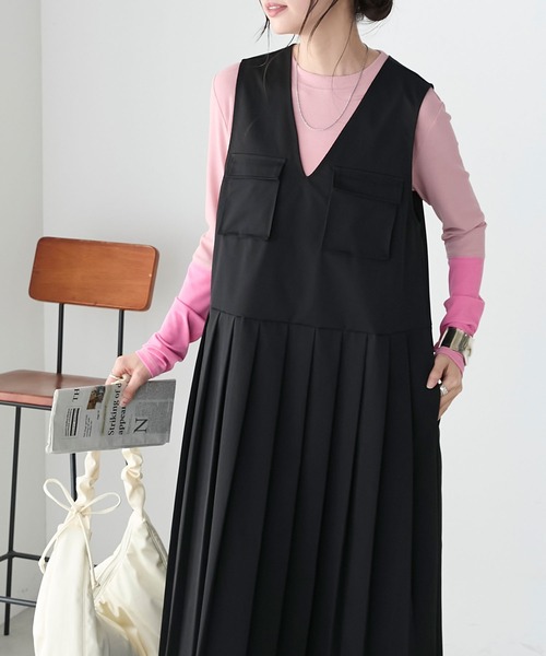 BONLECILL（ボンルシール）の「フロントポケットプリーツチノジャンパースカート（ジャンパースカート・レディース・カーキ/ブラック/ベージュ/ネイビー・FREE）」の5枚目の写真