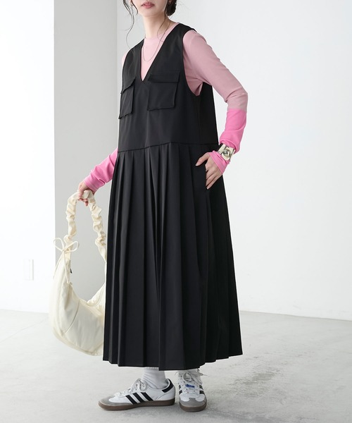BONLECILL（ボンルシール）の「フロントポケットプリーツチノジャンパースカート（ジャンパースカート・レディース・カーキ/ブラック/ベージュ/ネイビー・FREE）」の6枚目の写真
