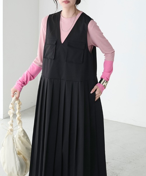 BONLECILL（ボンルシール）の「フロントポケットプリーツチノジャンパースカート（ジャンパースカート・レディース・カーキ/ブラック/ベージュ/ネイビー・FREE）」の9枚目の写真