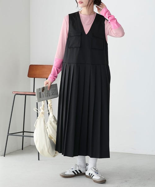 BONLECILL（ボンルシール）の「フロントポケットプリーツチノジャンパースカート（ジャンパースカート・レディース・カーキ/ブラック/ベージュ/ネイビー・FREE）」の13枚目の写真