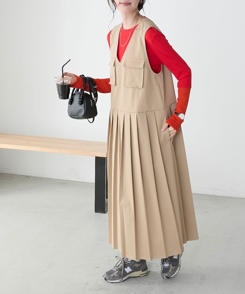 BONLECILL（ボンルシール）の「フロントポケットプリーツチノジャンパースカート（ジャンパースカート・レディース・カーキ/ブラック/ベージュ/ネイビー・FREE）」の14枚目の写真