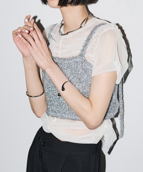 tシャツ 「2点セット」ラメシアートップス シャーリングキャミソール アンサンブル セット シアートップス 半袖 ビスチェ キャミソール 夏服 レディ 2WAY】SHEER SHIRRING BUSTIER TOPS シアー シャーリング