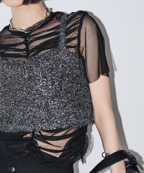 AIC.(エーアイシー)の「シアーギャザートップスラメビスチェセット(アンサンブル・レディース・ブラック/ホワイト・FREE)」の2枚目の写真