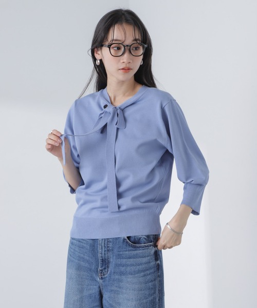 NANO universe（ナノユニバース）の「前後2wayボータイ半袖サマーニット（ニット/セーター・レディース・ブルー/ホワイト/ネイビー・FREE）」の22枚目の写真