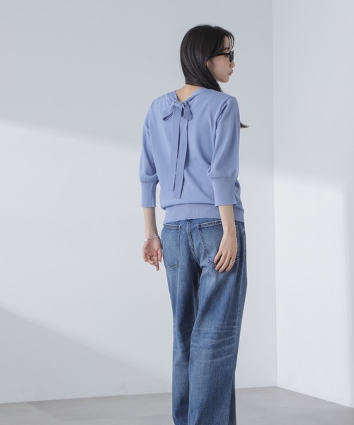 NANO universe（ナノユニバース）の「前後2wayボータイ半袖サマーニット（ニット/セーター・レディース・ブルー/ホワイト/ネイビー・FREE）」の16枚目の写真