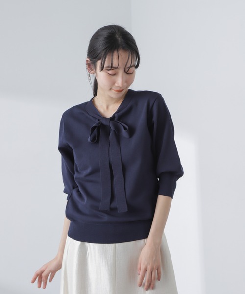 NANO universe（ナノユニバース）の「前後2wayボータイ半袖サマーニット（ニット/セーター・レディース・ブルー/ホワイト/ネイビー・FREE）」の18枚目の写真