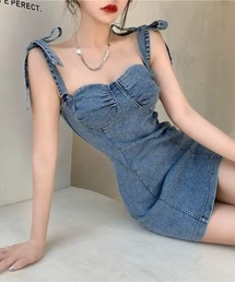 ショルダーリボンコルセットデニムミニワンピ