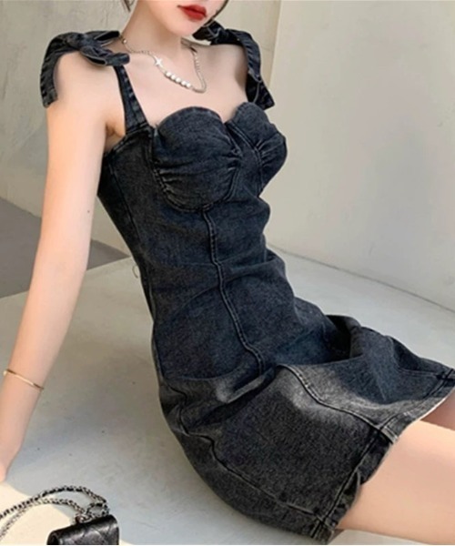 amerge リボンショルダー　ミニワンピ 新品タグ付】 amerge リボンショルダー ミニワンピース ブラック