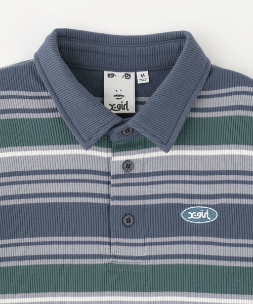 X-girl(エックスガール)の「STRIPED BABY POLO TOP(ポロシャツ・レディース・ネイビー/バーガンディー・M/S)」の4枚目の写真