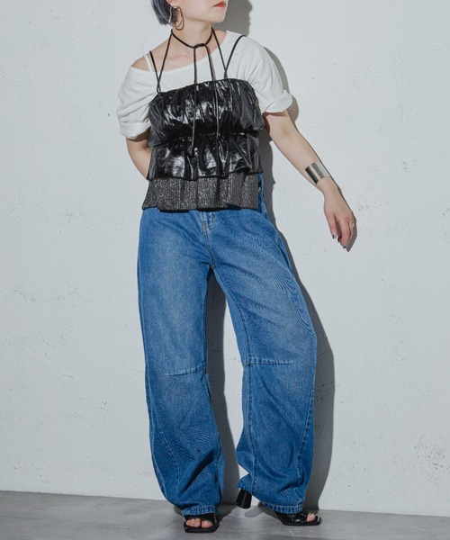 Ezick ANNONIM（エジックアノニム）の「Glossy satin グリッターコンビビスチェ（キャミソール・レディース・ブラック/シルバー・FREE）」の16枚目の写真