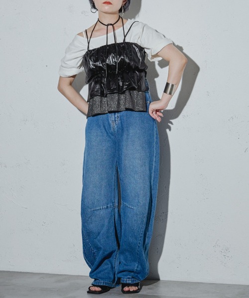 Ezick ANNONIM（エジックアノニム）の「Glossy satin グリッターコンビビスチェ（キャミソール・レディース・ブラック/シルバー・FREE）」の17枚目の写真