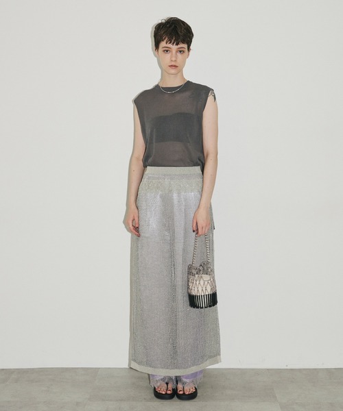LA BELLE ETUDE（ラベルエチュード）の「ラメメッシュニットシアースカート（スカート・レディース・シルバー/カーキ/ライトパープル・FREE）」の5枚目の写真