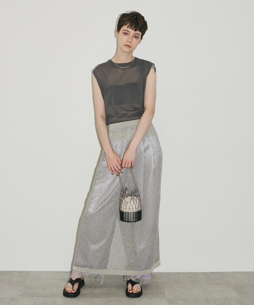 LA BELLE ETUDE（ラベルエチュード）の「ラメメッシュニットシアースカート（スカート・レディース・シルバー/カーキ/ライトパープル・FREE）」の7枚目の写真