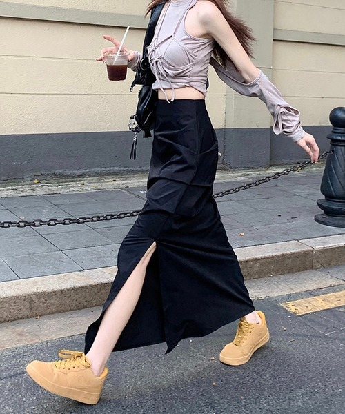Chick（チック）の「△Gather Slit Long Skirt / ナイロンギャザー
