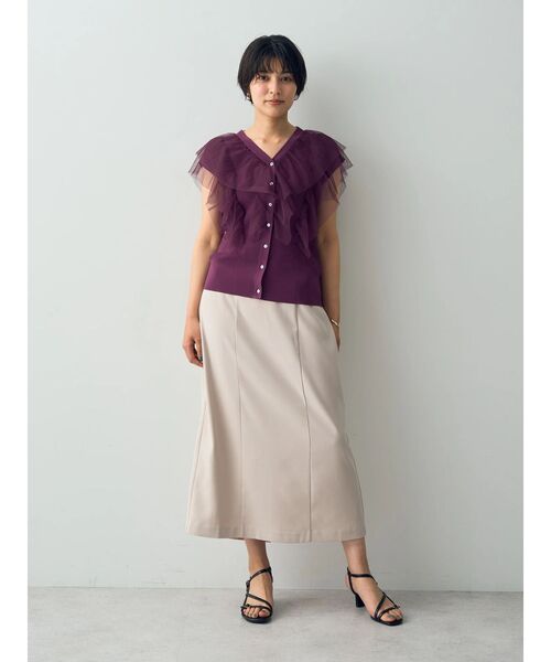 チュールラッフルノースリーブカーディガン　黒 YECCA VECCA｜チュールラッフルノースリーブカーディガン