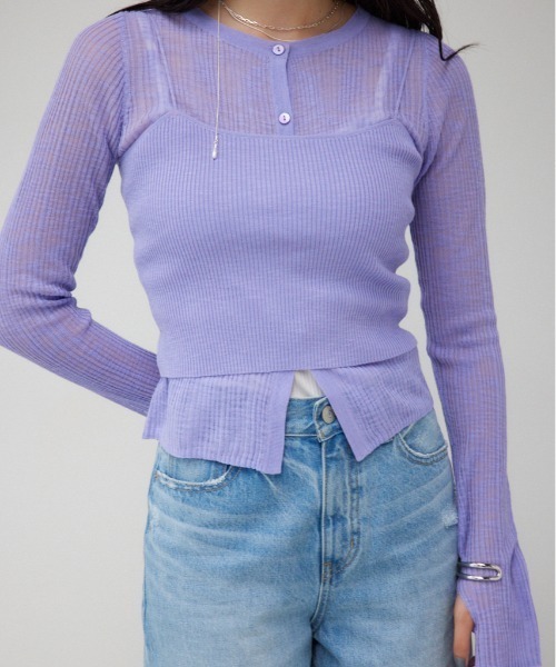 AZUL by moussy（アズールバイマウジー）の「シアーニットカーディガンキャミセット（カーディガン/ボレロ・レディース・パープル/オレンジ/チャコールグレー・FREE）」の2枚目の写真