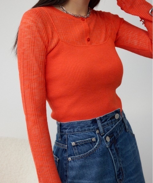 AZUL by moussy（アズールバイマウジー）の「シアーニットカーディガンキャミセット（カーディガン/ボレロ・レディース・パープル/オレンジ/チャコールグレー・FREE）」の3枚目の写真