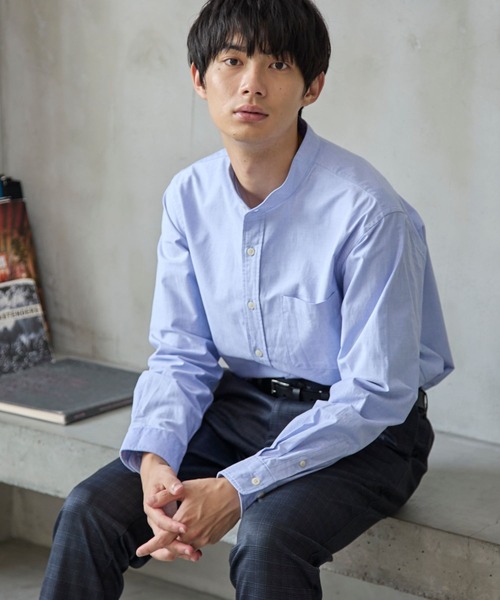 GLOBAL WORK（グローバルワーク）の「イージーケアオックス/バンドカラーシャツ/116334（シャツ/ブラウス・メンズ・サックスブルー系/オフホワイト/ライトグレー/ネイビー系5・MEDIUM/SMALL/X-LARGE/LARGE）」の4枚目の写真