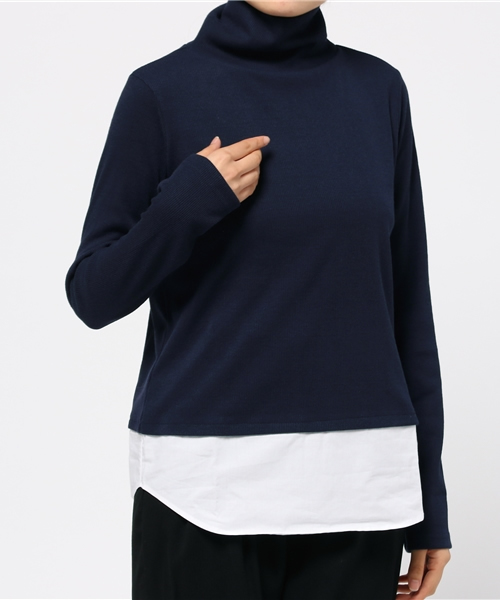 Sheta（シータ）の「ドッキングハイネックトップス（Tシャツ/カットソー・レディース・ネイビー/グレー・FREE）」の2枚目の写真