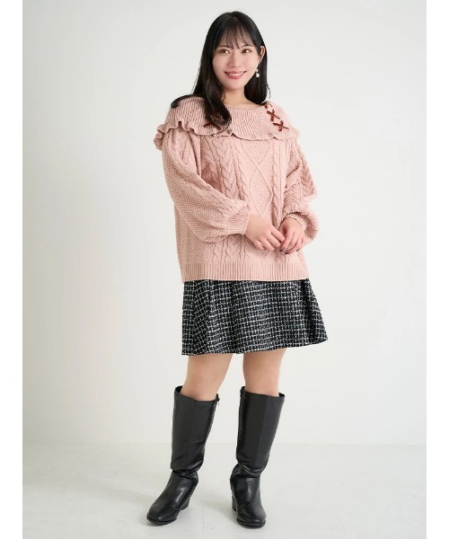 大きいサイズ】レースアップケープオフショルニットプルオーバー