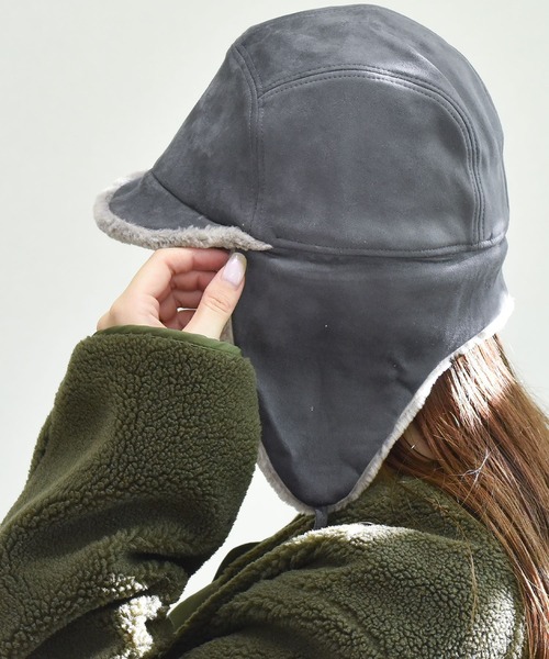 レディース スウェード×ボアキルティングフライトキャップ 耳当て付き