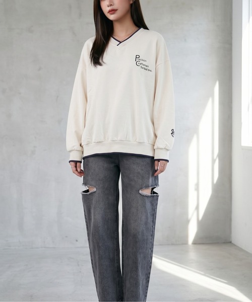 Per sist ence(パーシエンス)の「リブライン/プリントロゴ/Vネックプルオーバー(Tシャツ/カットソー・レディース・グリーン/ベージュ/ブラック・LARGE/MEDIUM/X-LARGE)」の9枚目の写真