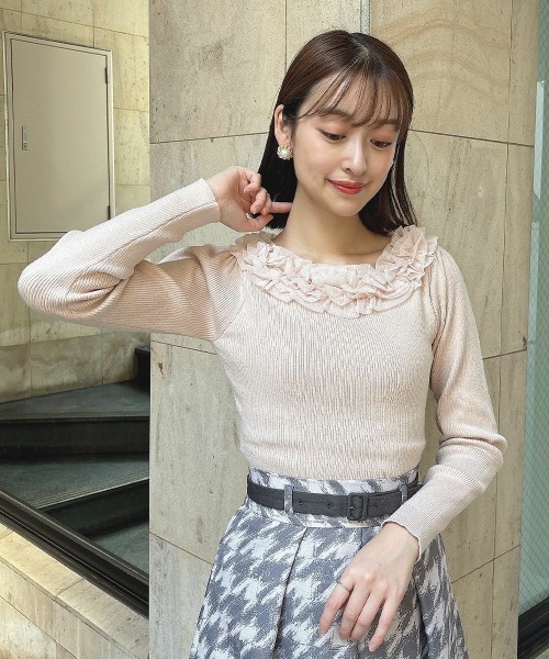 an another angelus（アンアナザーアンジェラス）の「チュールフリルリブニット/ananotherangelus（ニット/セーター・レディース・ライトピンク/オフホワイト/ブラック×ホワイト・FREE）」の3枚目の写真