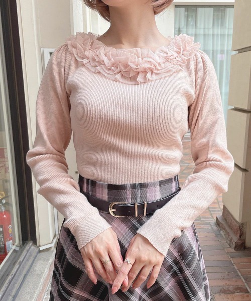 an another angelus（アンアナザーアンジェラス）の「チュールフリルリブニット/ananotherangelus（ニット/セーター・レディース・ライトピンク/オフホワイト/ブラック×ホワイト・FREE）」の22枚目の写真