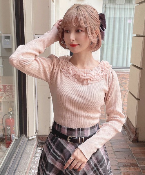 an another angelus（アンアナザーアンジェラス）の「チュールフリルリブニット/ananotherangelus（ニット/セーター・レディース・ライトピンク/オフホワイト/ブラック×ホワイト・FREE）」の20枚目の写真