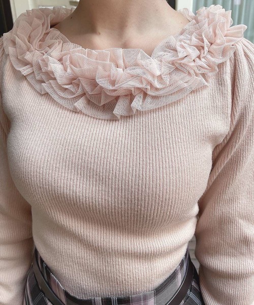 an another angelus（アンアナザーアンジェラス）の「チュールフリルリブニット/ananotherangelus（ニット/セーター・レディース・ライトピンク/オフホワイト/ブラック×ホワイト・FREE）」の7枚目の写真