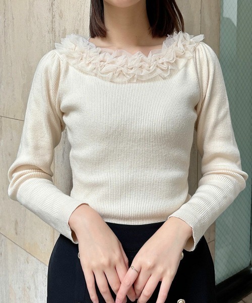 an another angelus（アンアナザーアンジェラス）の「チュールフリルリブニット/ananotherangelus（ニット/セーター・レディース・ライトピンク/オフホワイト/ブラック×ホワイト・FREE）」の9枚目の写真