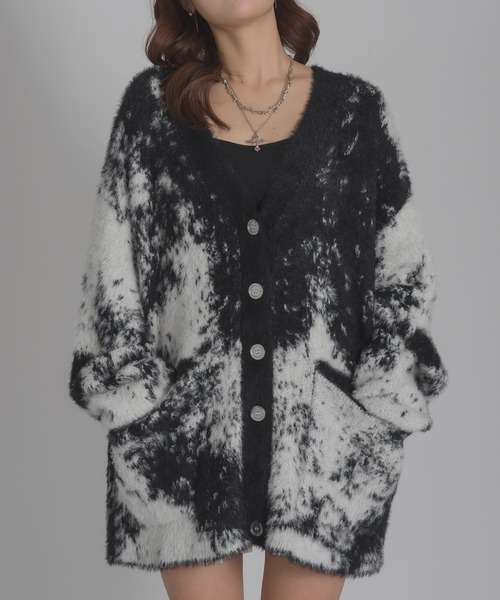 Calon mie(カロンミー)の「OVER SIZE SHAGGY KNIT CARDIGAN/オーバーシャギーニットカーディガン(カーディガン/ボレロ・レディース・ブラック/ライトグレー・FREE)」の1枚目の写真