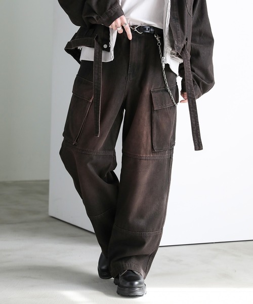 セール】【セットアップ可能】ウォッシュ加工カーゴデニムパンツ