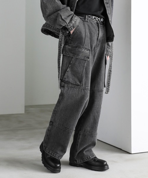 セットアップ可能】ウォッシュ加工カーゴデニムパンツ（デニムパンツ