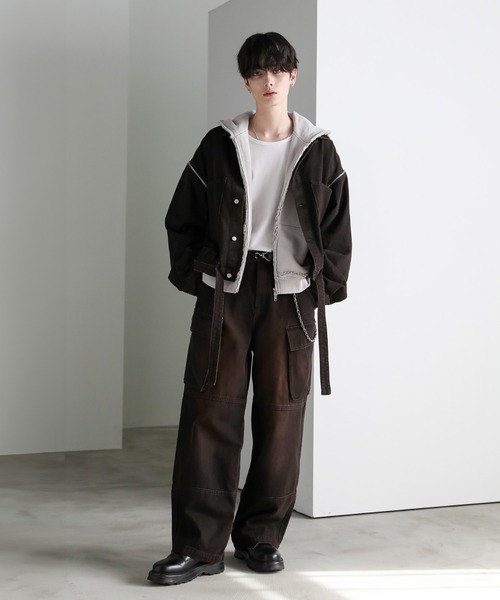 セール】【セットアップ可能】ウォッシュ加工カーゴデニムパンツ