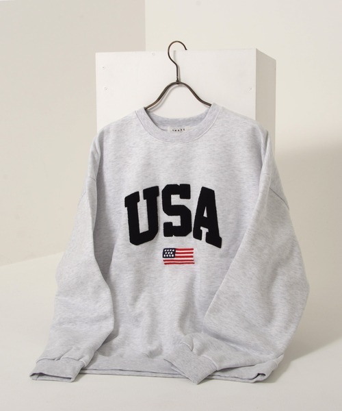 Revo.(レボ)の「【KOREAN SELECT】USA サガラロゴ 星条旗 ワンポイント刺繍 裏起毛 ビッグシルエット スウェット プルオーバー(スウェット・レディース・ブラック/アッシュグレー/グレー・FREE)」の1枚目の写真