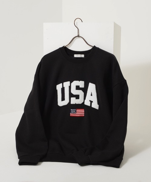 Revo.(レボ)の「【KOREAN SELECT】USA サガラロゴ 星条旗 ワンポイント刺繍 裏起毛 ビッグシルエット スウェット プルオーバー(スウェット・レディース・ブラック/アッシュグレー/グレー・FREE)」の2枚目の写真