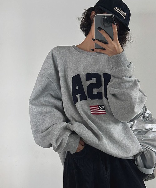 Revo.(レボ)の「【KOREAN SELECT】USA サガラロゴ 星条旗 ワンポイント刺繍 裏起毛 ビッグシルエット スウェット プルオーバー(スウェット・レディース・ブラック/アッシュグレー/グレー・FREE)」の5枚目の写真