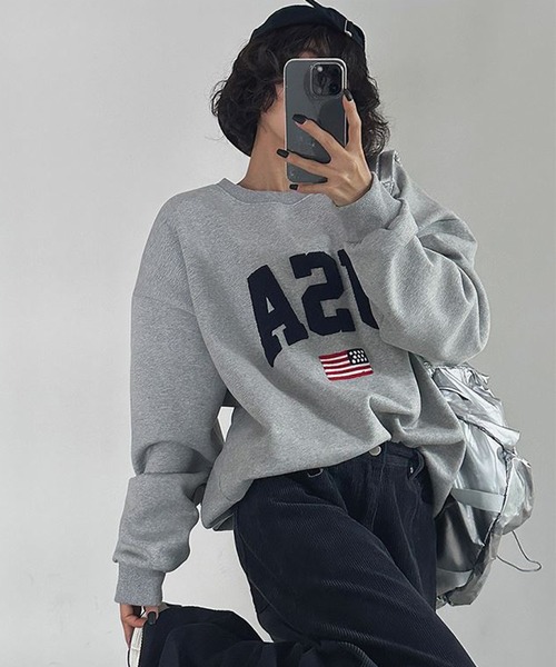 Revo.(レボ)の「【KOREAN SELECT】USA サガラロゴ 星条旗 ワンポイント刺繍 裏起毛 ビッグシルエット スウェット プルオーバー(スウェット・レディース・ブラック/アッシュグレー/グレー・FREE)」の7枚目の写真