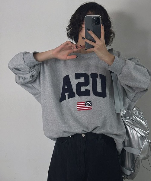 Revo.(レボ)の「【KOREAN SELECT】USA サガラロゴ 星条旗 ワンポイント刺繍 裏起毛 ビッグシルエット スウェット プルオーバー(スウェット・レディース・ブラック/アッシュグレー/グレー・FREE)」の12枚目の写真