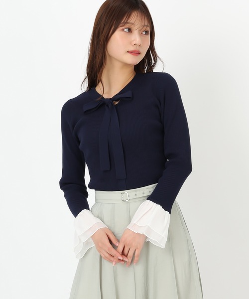 MISCH MASCH(ミッシュマッシュ)の「シアーフリルボウタイニット(ニット/セーター・レディース・ネイビー/ホワイト/ライトブルー・フリ-)」の11枚目の写真