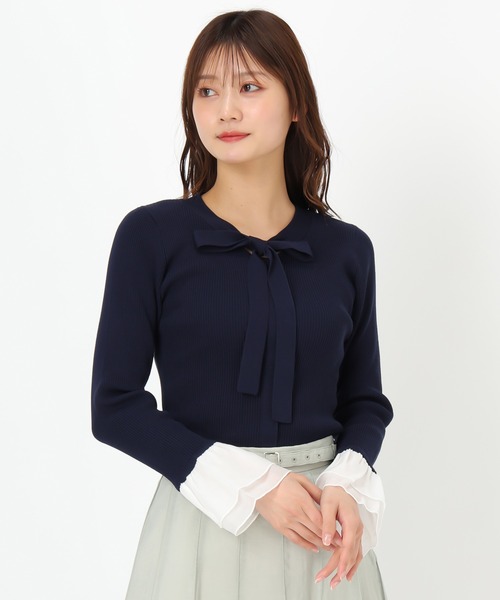 MISCH MASCH(ミッシュマッシュ)の「シアーフリルボウタイニット(ニット/セーター・レディース・ネイビー/ホワイト/ライトブルー・フリ-)」の12枚目の写真