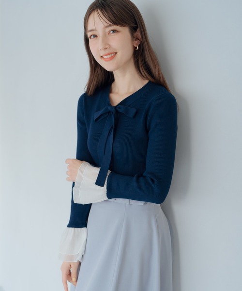 ニット セーター 2025春夏新作 配色ボウタイビジューニット レディース MISCH MASCH｜2025春夏新作 配色ボウタイビジューニット